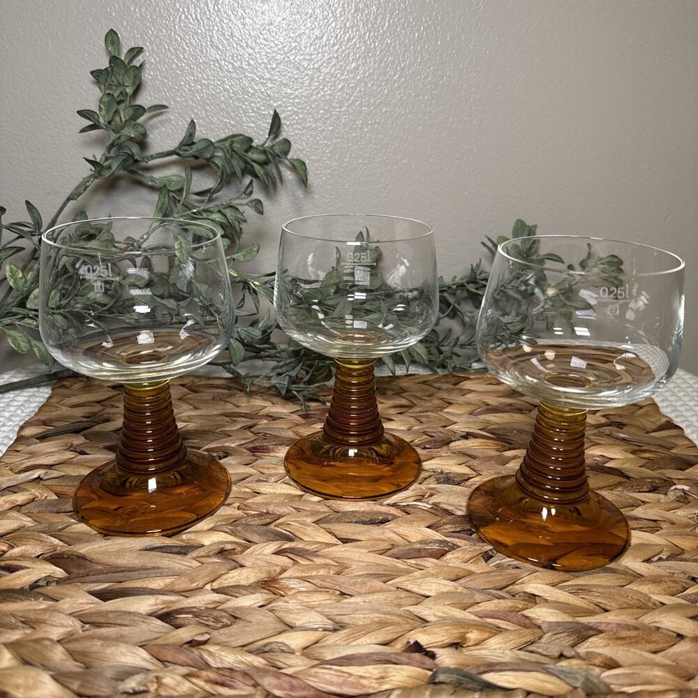 German Schott Zwiesel Roemer Goblets Amber Stem 0.25L Wine Glasses Set 3 Vtg